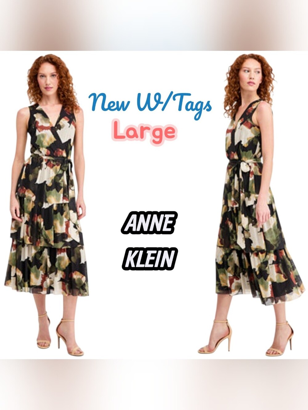 Anne Klein Black Multi Color Abstract Print Mesh Midi Dress Large NWT $139 Vneck